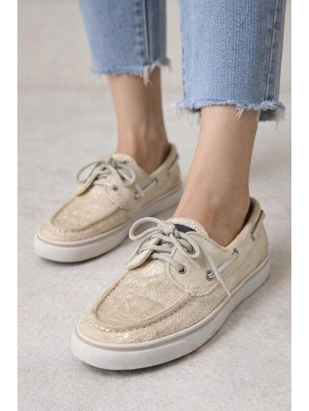 Sperry Top Sider Sequin Boat Shoes Womens Beige Canvas Lace Up Size 9.5